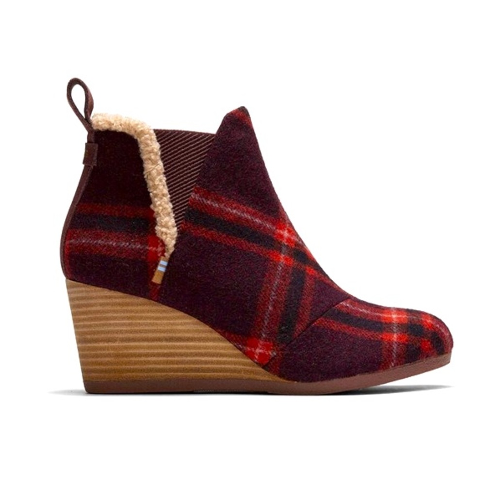 Toms Kelsey Barn Red Plaid Wedge Booties Size 7
